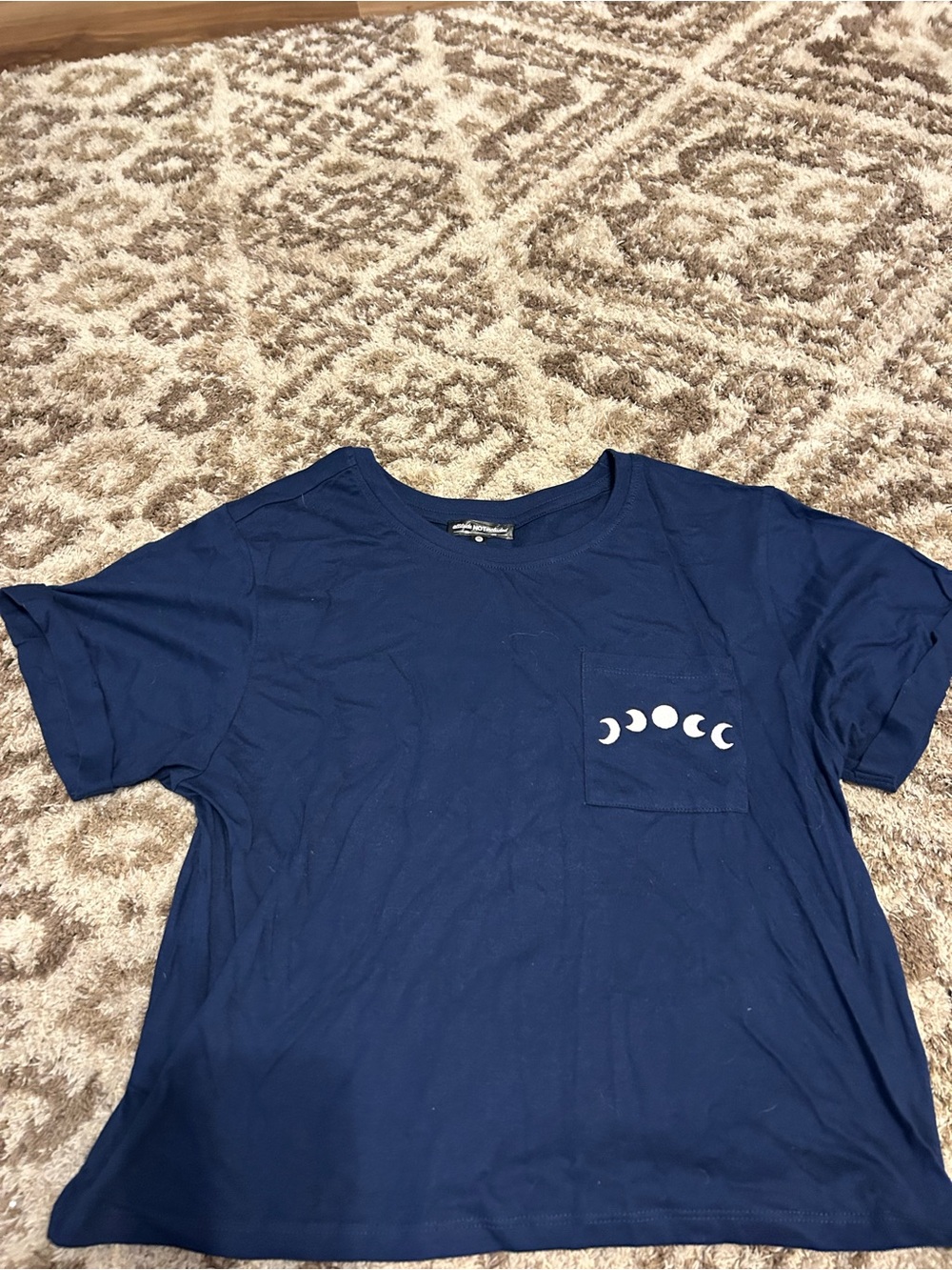 Women's Navy Blue Pocket Crop Top with Moon Phase Graphic
